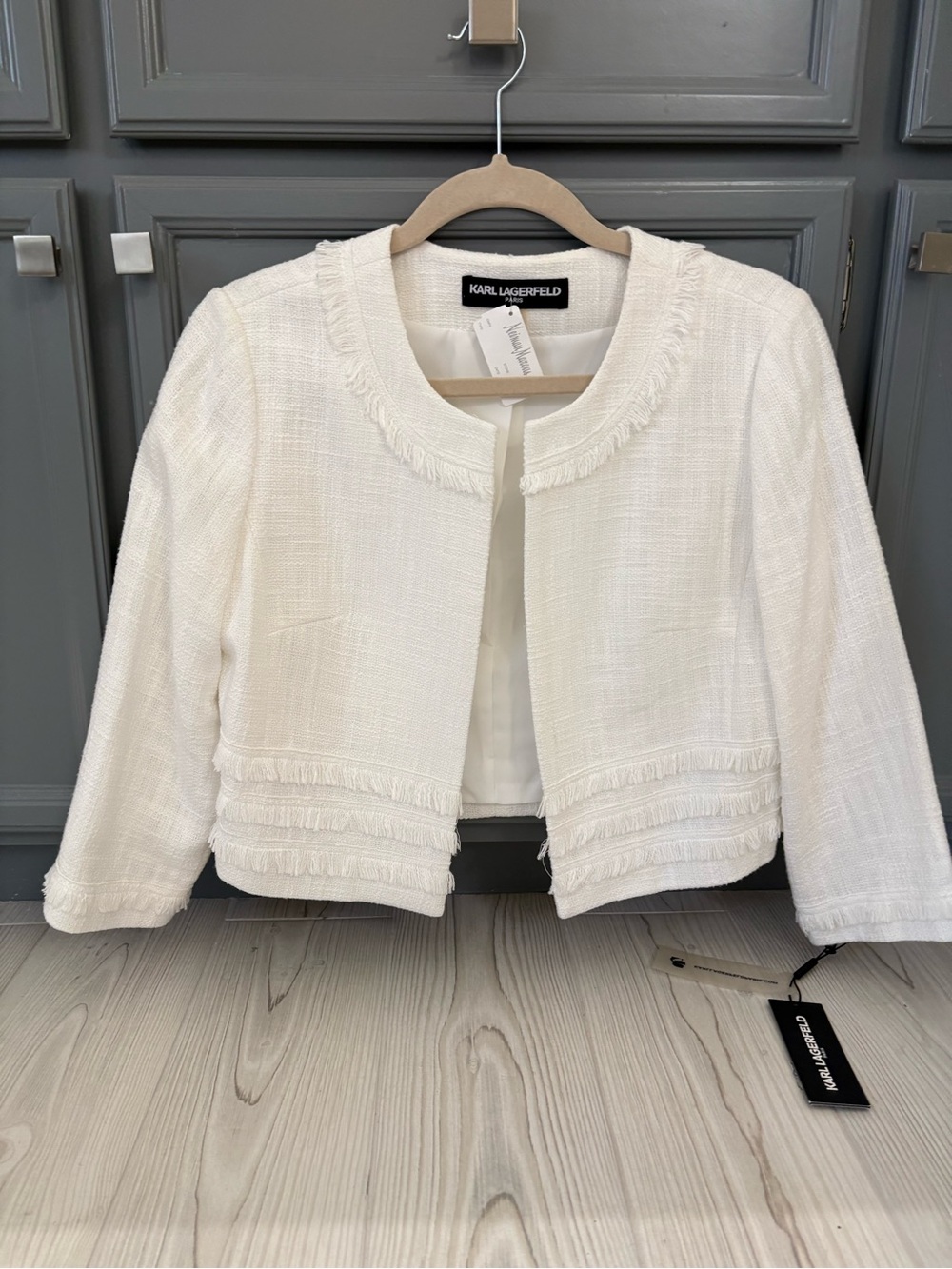 Karl Lagerfeld Ivory Fringe-Trim Cropped Jacket